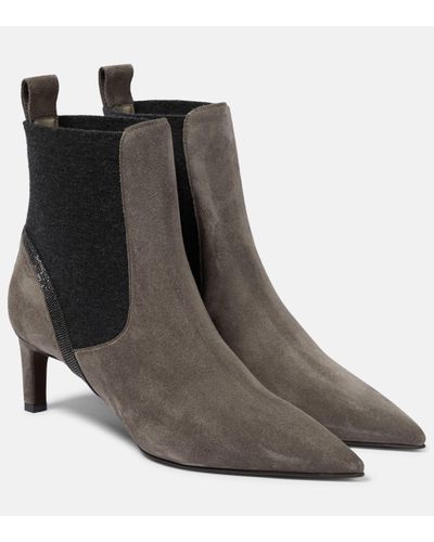 Brunello Cucinelli Embellished Suede Ankle Boots - Black