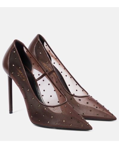 Saint Laurent Anja 105 Embellished Mesh Court Shoes - Brown