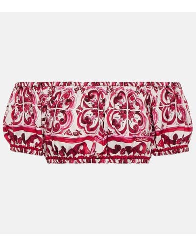 Dolce & Gabbana Cotton Poplin Crop Top With Majolica Print - Pink