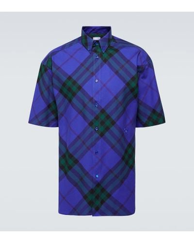 Burberry Camicia in twill di cotone a quadri con collo button-down e logo ricamato - Blu