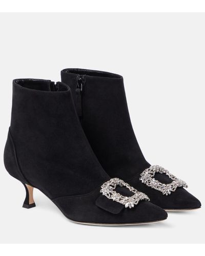 Manolo Blahnik Verzierte Ankle Boots Baylow aus Veloursleder - Schwarz