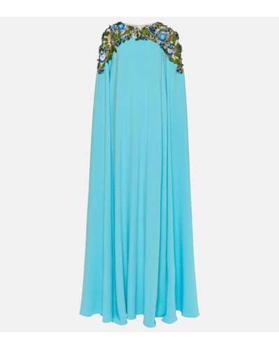 Oscar de la Renta Embellished Caped Silk-blend Gown - Blue