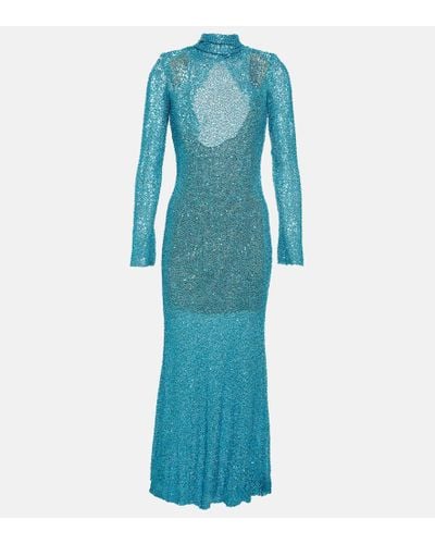 Self-Portrait Beaded Knit Open-back Maxi Dress - Blue