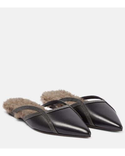 Brunello Cucinelli Slippers aus Leder mit Shearling - Grau