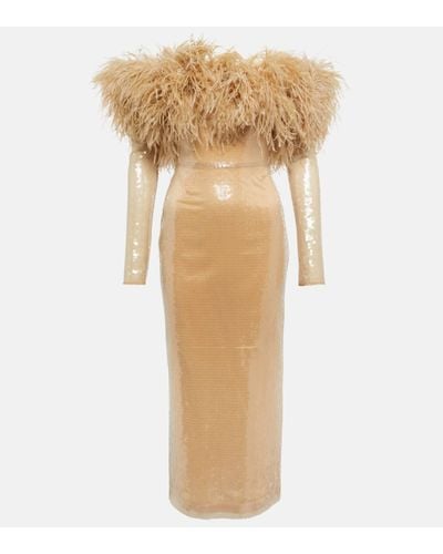 David Koma Feather-trimmed Sequined Midi Dress - Natural
