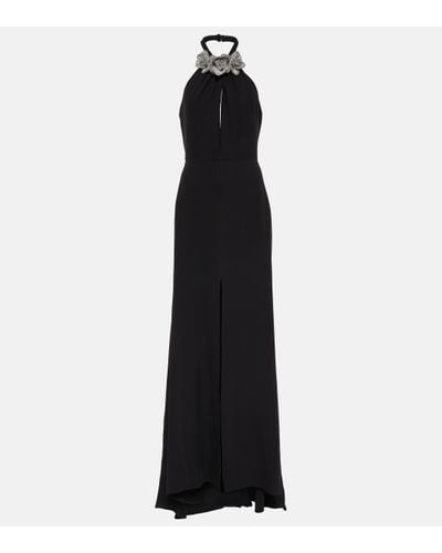 Valentino Floral-applique Cutout Front-slit Gown - Black