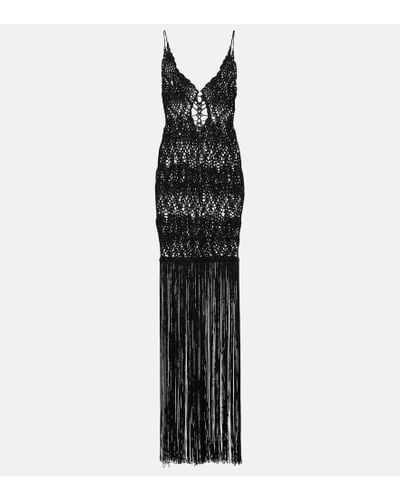 Costarellos Vestido largo de croche con flecos - Negro
