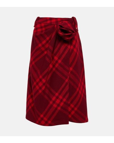 Burberry Check Wool Midi Skirt - Red
