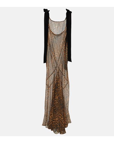 Nina Ricci Robe longue en soie a motif leopard - Marron