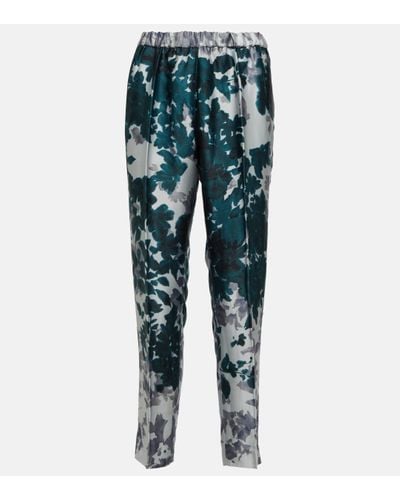 Dries Van Noten Pantalon fusele imprime en satin - Bleu