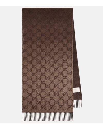Gucci GG Jacquard Fringed Cashmere Scarf - Brown