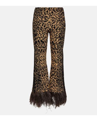 Valentino Feather-trimmed Leopard-print Flared Pants - Brown