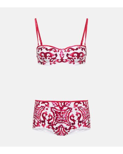 Dolce & Gabbana Bikini Balconnet et Culotte à Imprimé Majoliques - Rouge