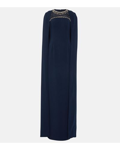 Jenny Packham Loretta Cape-effect Crystal-embellished Crepe Gown - Blue