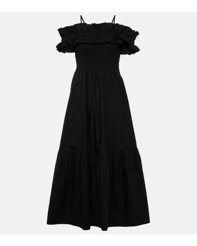 Ganni Shirred Cotton Poplin Midi Dress - Black