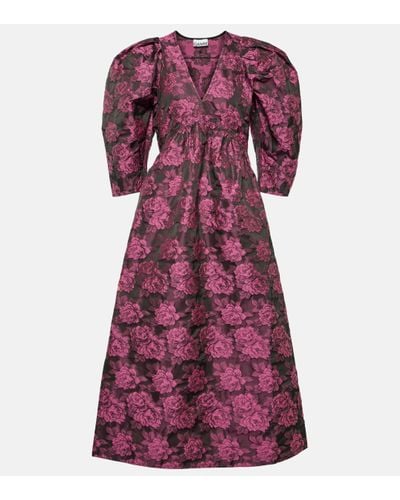 Ganni Floral Jacquard Midi Dress - Purple