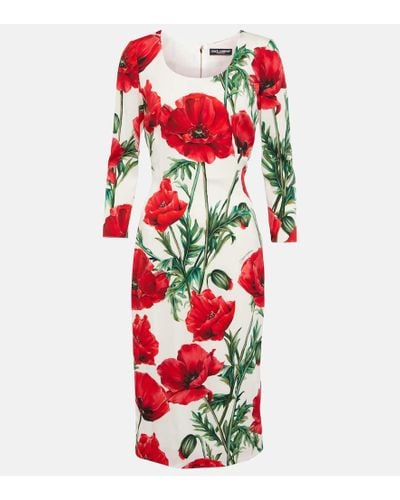 Dolce & Gabbana Abito midi in charmeuse stampa papaveri - Rosso