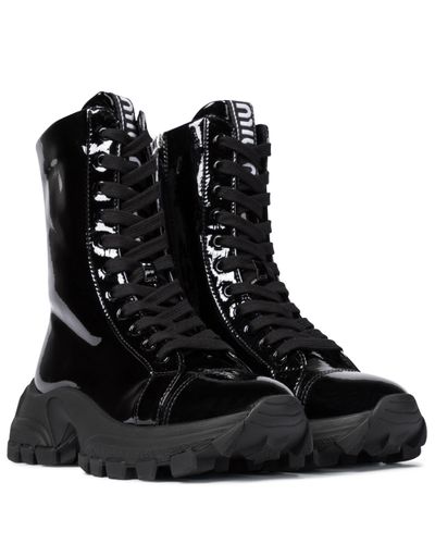 Miu Miu Patent Leather Combat Boots - Black