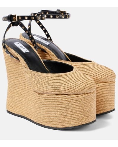Alaïa Leather-trimmed Raffia Wedge Sandals - Metallic
