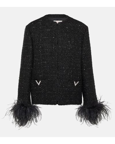 Valentino Jacke aus Tweed mit Federn - Schwarz