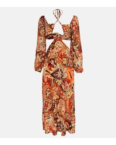 RIXO London Robe Longue En Crêpe De Chine De Soie À Imprimé Cachemire Et À Découpes Kamilla - Orange