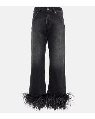 Valentino Denim Jeans Embroidered With Feathers - Black