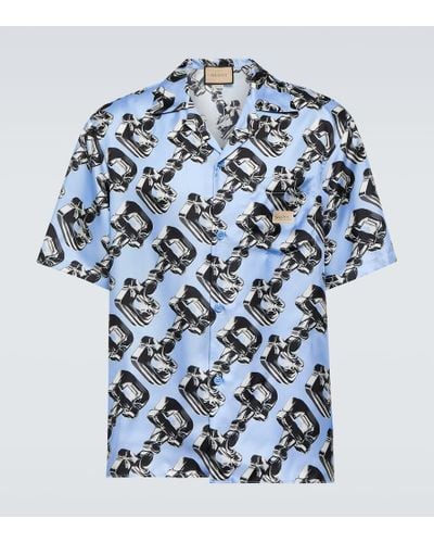Gucci Camisa bowling de seda con Horsebit 3D - Azul