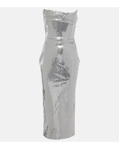 Alex Perry Strapless Draped Sequined Tulle Midi Dress - Gray