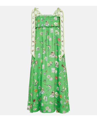 ALÉMAIS Shirred Printed Linen Midi Dress - Green