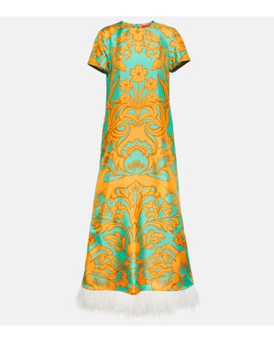 La DoubleJ Swing Feather-trimmed Printed Silk Maxi Dress - Yellow