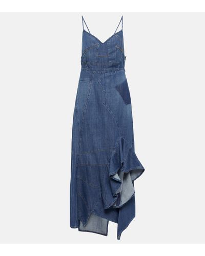 Loewe Ruffled Denim Midi Dress - Blue