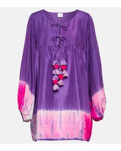 Anna Kosturova Tie-dyed Pompom Silk Minidress - Purple
