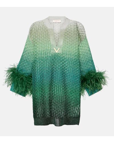 Valentino Vgold Feather-trimmed Lame Minidress - Green