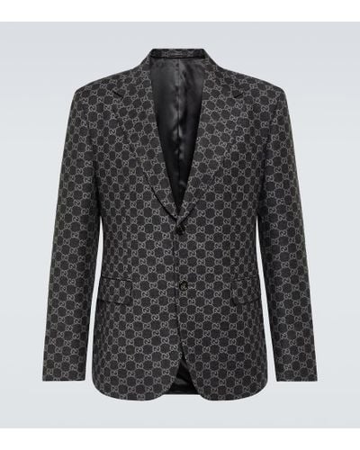 Gucci Blazer de franela de lana con GG - Negro