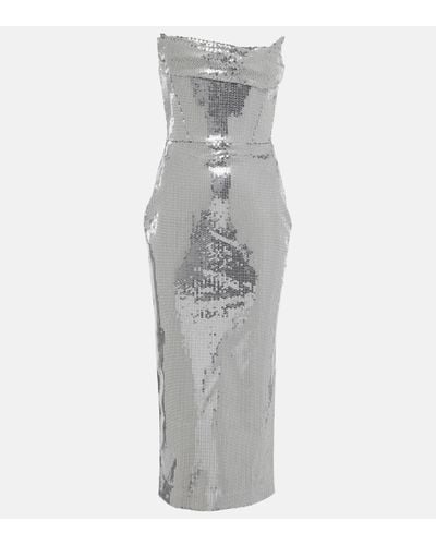 Alex Perry Strapless Draped Sequined Tulle Midi Dress - Grey