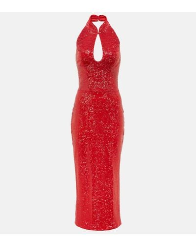 Rasario Sequined Cutout Midi Dress - Red