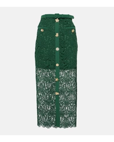 Self-Portrait Floral Lace-trimmed Midi Skirt - Green