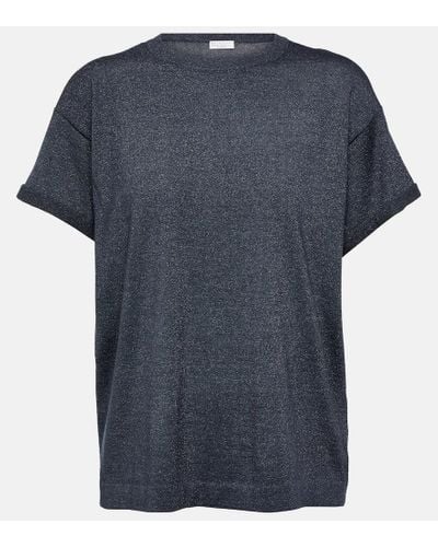 Brunello Cucinelli T-shirt in misto cashmere e seta con lame - Blu