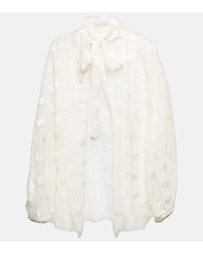 Dolce & Gabbana Blusa en mezcla de seda con logo - Blanco