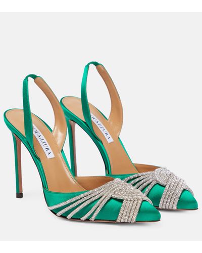 Aquazzura Gatsby Sling Embellished Satin Court Shoes - Green
