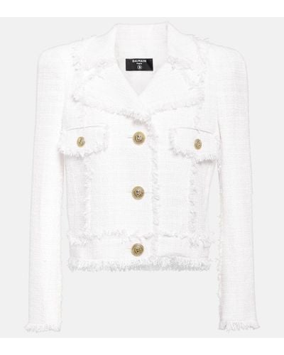 Balmain Cropped fringed tweed jacket - Blanco