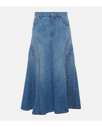 Chloé Embroidered Denim Midi Skirt - Blue