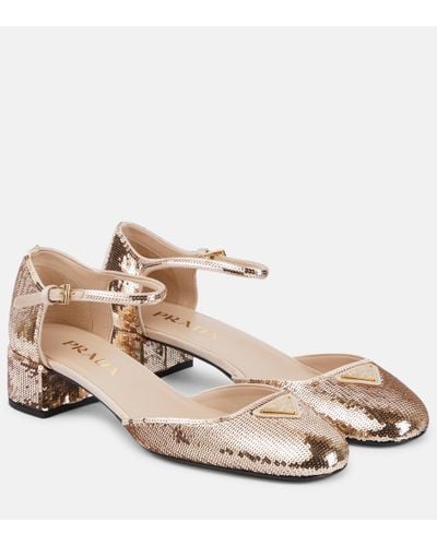 Prada Sequined Mary Jane Court Shoes - Natural