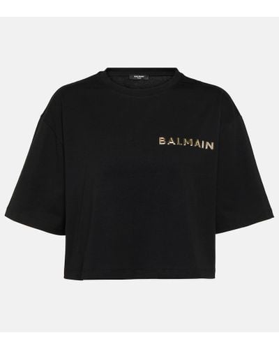 Balmain T-Shirt Cropped Con Logo Metallico - Nero