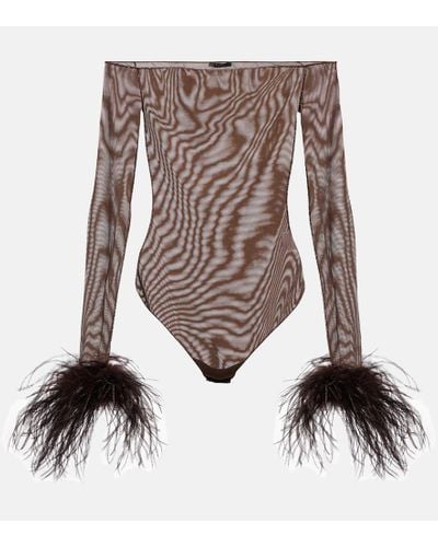 Oséree Feather-trimmed Mesh Bodysuit - Brown