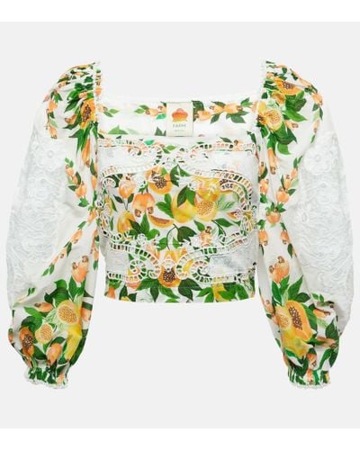 FARM Rio Lace-trimmed Printed Cotton Blouse - Green