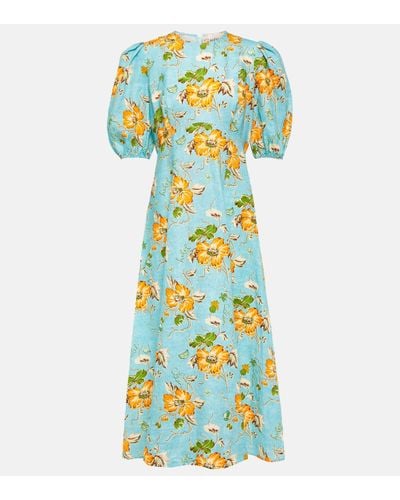 ALÉMAIS Floral Puff-sleeve Linen Midi Dress - Blue