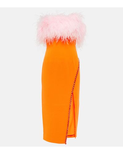 Self-Portrait Feather-trimmed Crepe Midi Dress - Orange