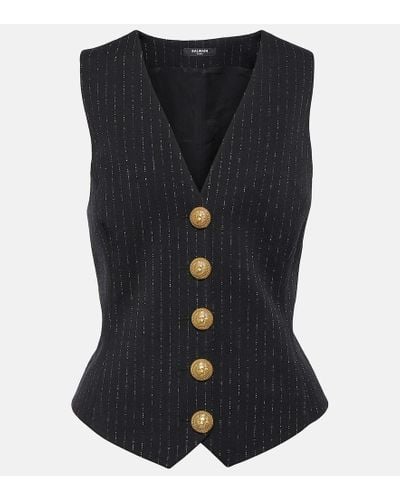 Balmain Chalkstripe Wool Vest - Black