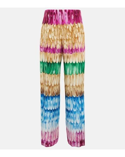 Valentino Feather-print Wide-leg Silk Pants - Blue